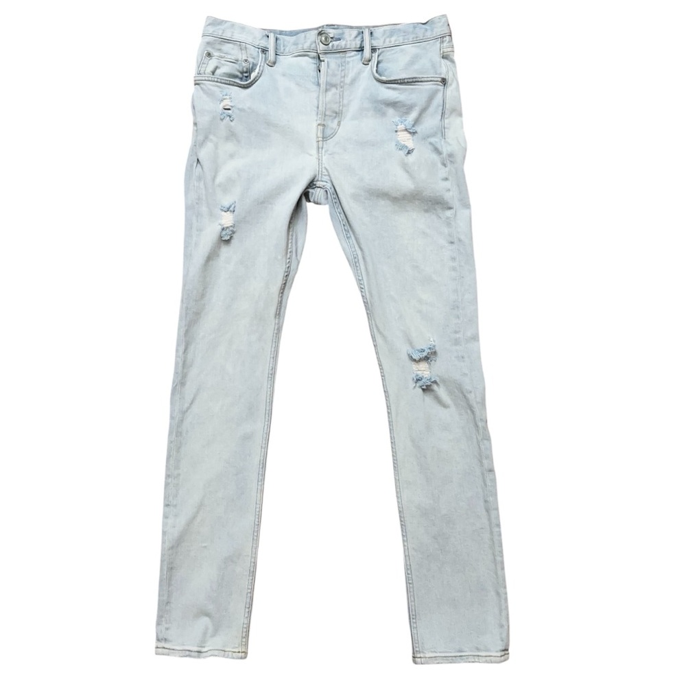 Allsaints Jeans Mens Size 32 Damaged Denim Distressed Button Fly Skinny Blue